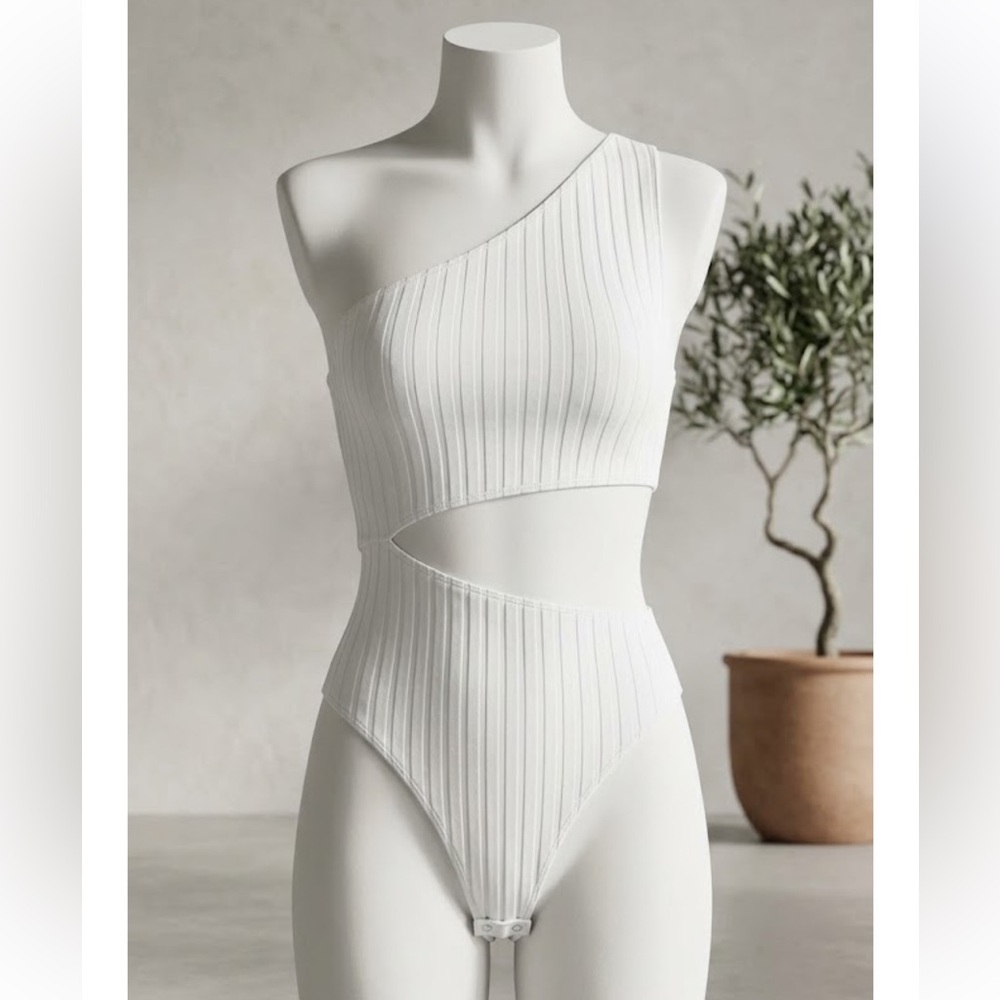 NEW, ZARA Womens Two Piece Ridded Bodysuit Size L Cut-Out White One Shoulder